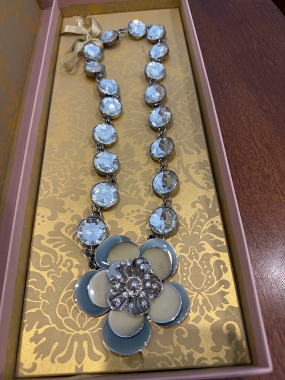 Miu Miu Cream & Light Blue Enamel Flower Necklace with Crystal Chain. Gorgeous.